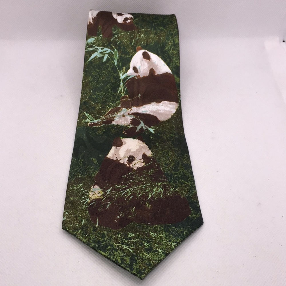 Steven Harris Men’s Hand Made Necktie Panda Bears Forest Animals Green